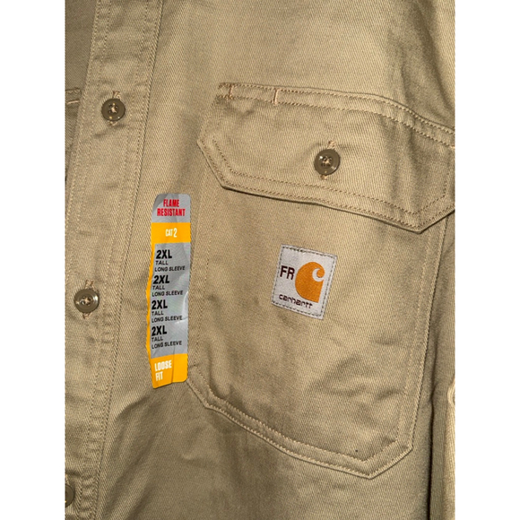 Men's Carhartt Khaki Flame Resistant Tan Casual Button Down Shirt size 2XLT NWT - Picture 4 of 10